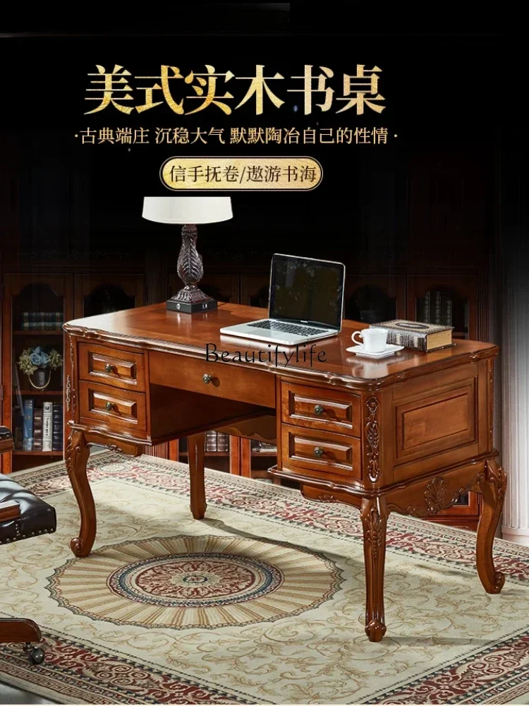 American-Style Solid Wood Desk Home Vintage Engraving High-End Study and Bedroom Desk