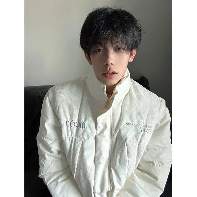 

White Detachable Cotton Jacket Men's Winter Cleanfit Design American Style Stand Collar Bread Coat Warm Casual Loose Fit