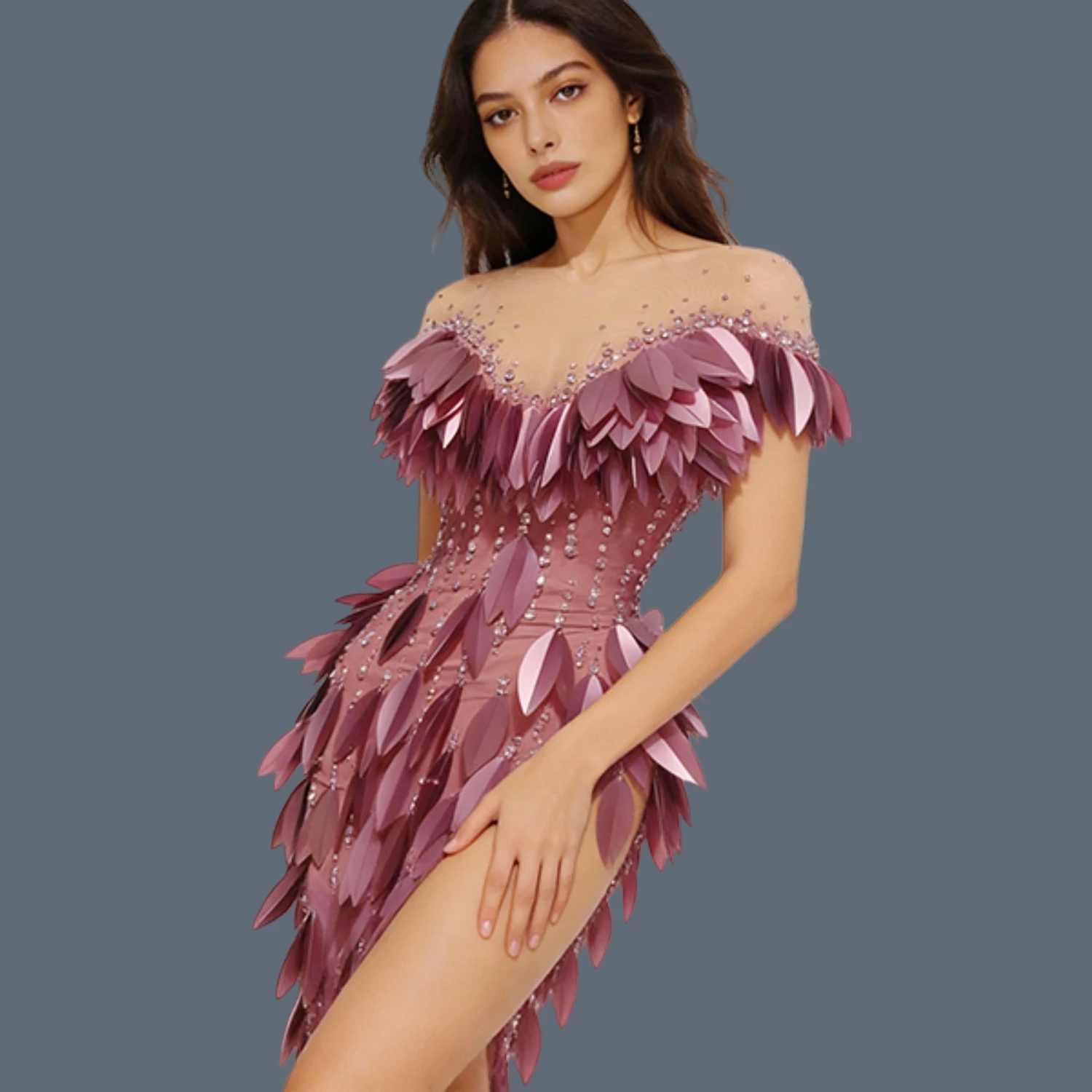 Sparkly Rhinestone Asymmetrical Dress Women Designer Sexy See Through Mesh Tight Fitting Dress Dance Event Show Outfit Chanmian