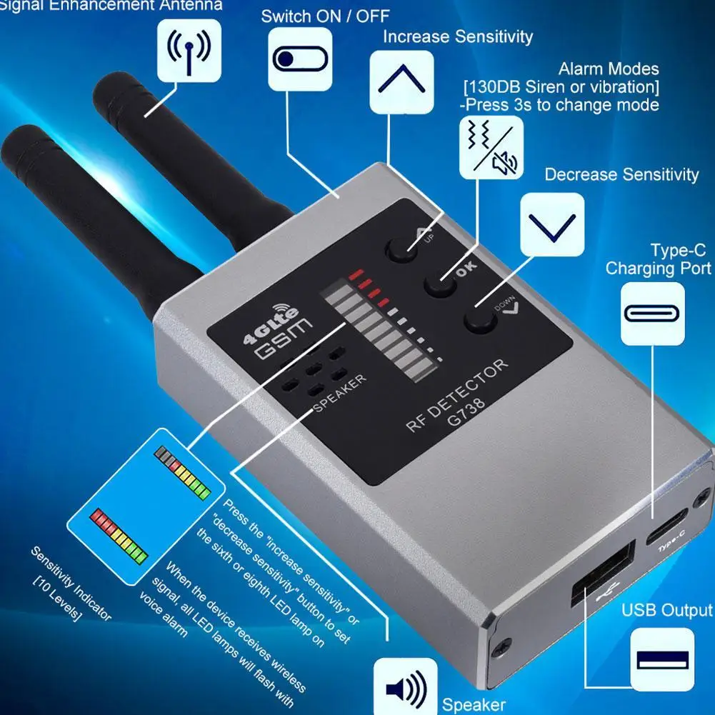 Portatile RF Bug Wifi Hidden Camera Finder Cell Wireless ascolto Sweeper Device ascolta Phone Tracker Anti GPS Bug