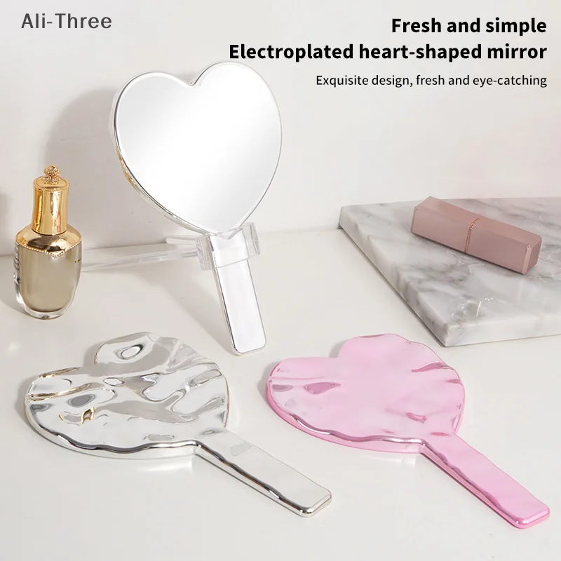 1개 휴대용 메이크업 거울 하트 모양 거울 여성용 손잡이 메이크업 화장품 뷰티 도구 휴대용 화장 거울