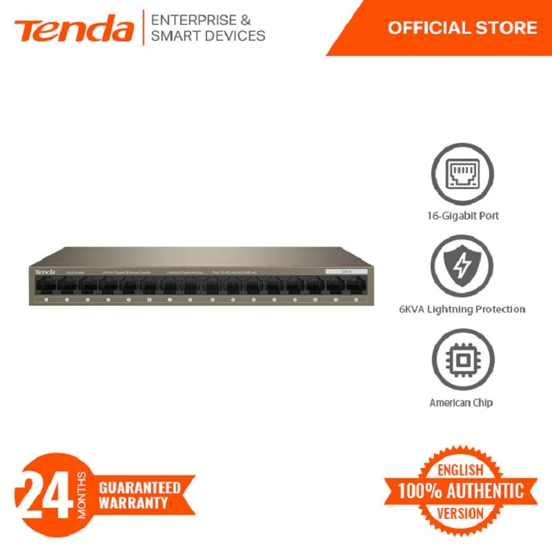 

Tenda TEG1016M 16-Port Gigabit Unmanaged Ethernet Switch | 6KVA Lightning Protection | One Key VLAN | Desk | Wall Mount