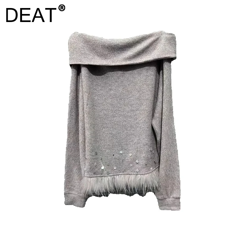 DEAT Women's Pullover Knitted Slash Neck Off Shoulder Grey Spliced Feathers Sequins Sweaters 2024 New Fashion Winter 33A2243