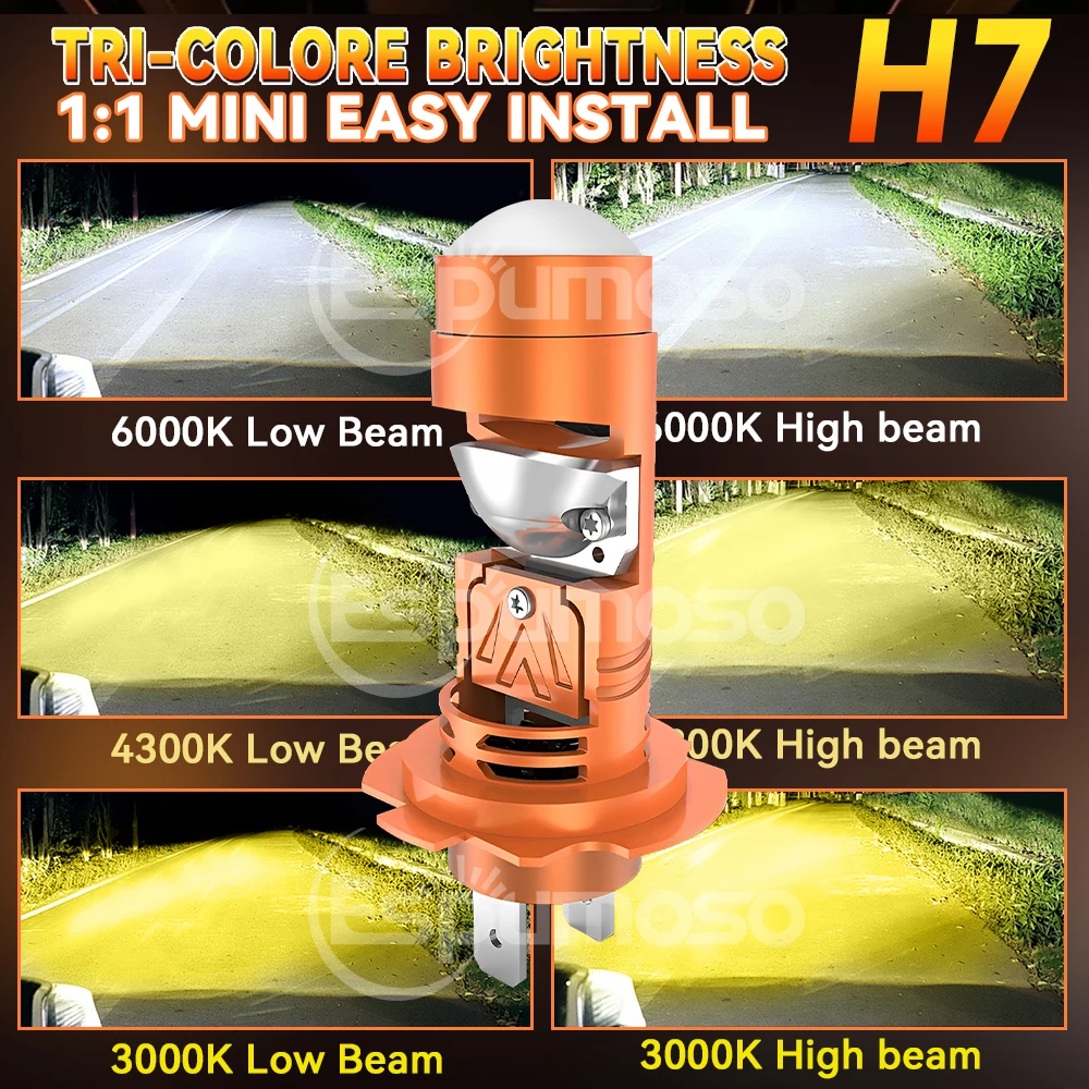 H7 LED Projector Car Headlights 3 Color Canbus Wireless 3000K 4300K 6000K Auto Fog Bulbs Plug&Play Mini Lens Projector Fog Light