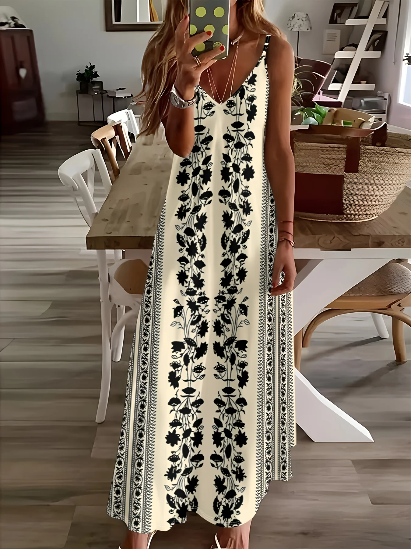 

Повседневное женское платье с черным цветочным принтом