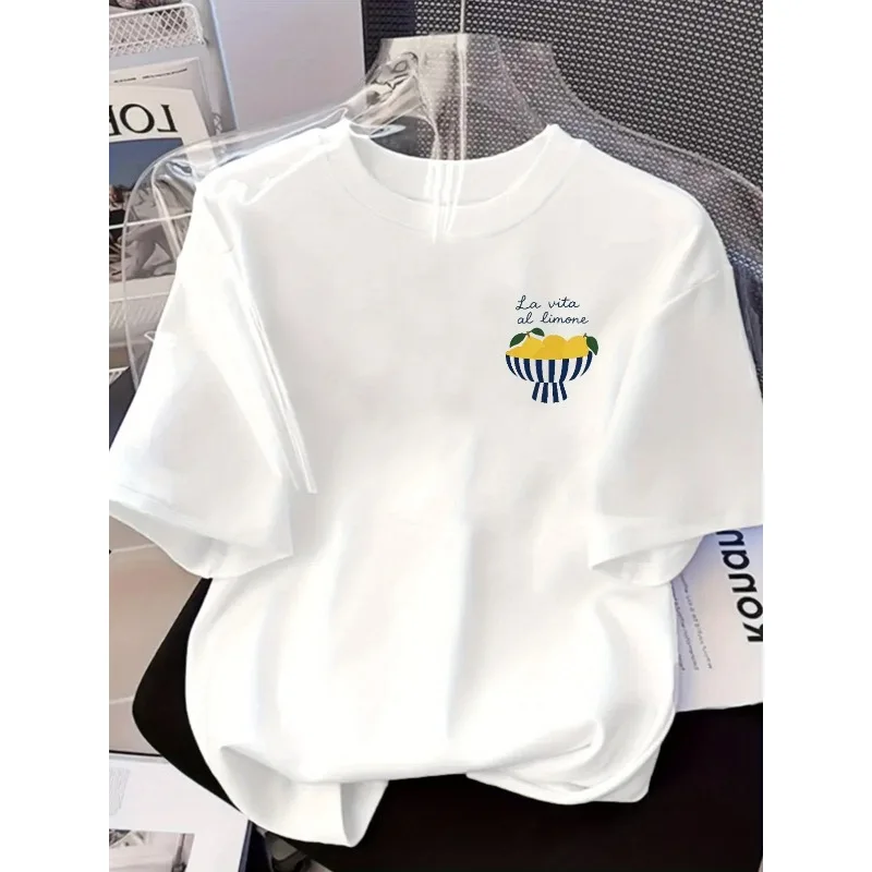 المرأة الليمون الحياة "لا فيتا آل ليمون" نمط تي شيرت أبيض طاقم الرقبة رداء علوي غير رسمي الأزرق الداكن الليمون تصميم المرأة تي شيرت