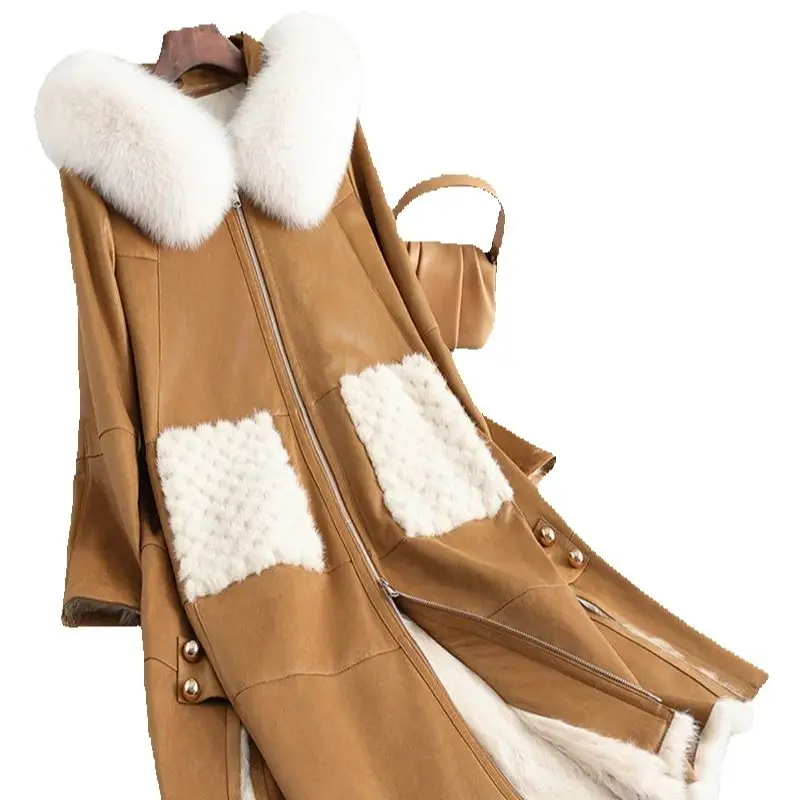 

A genuine leather rabbit fur one-piece mid-length women's fox fur collar rabbit fur coat with a hat