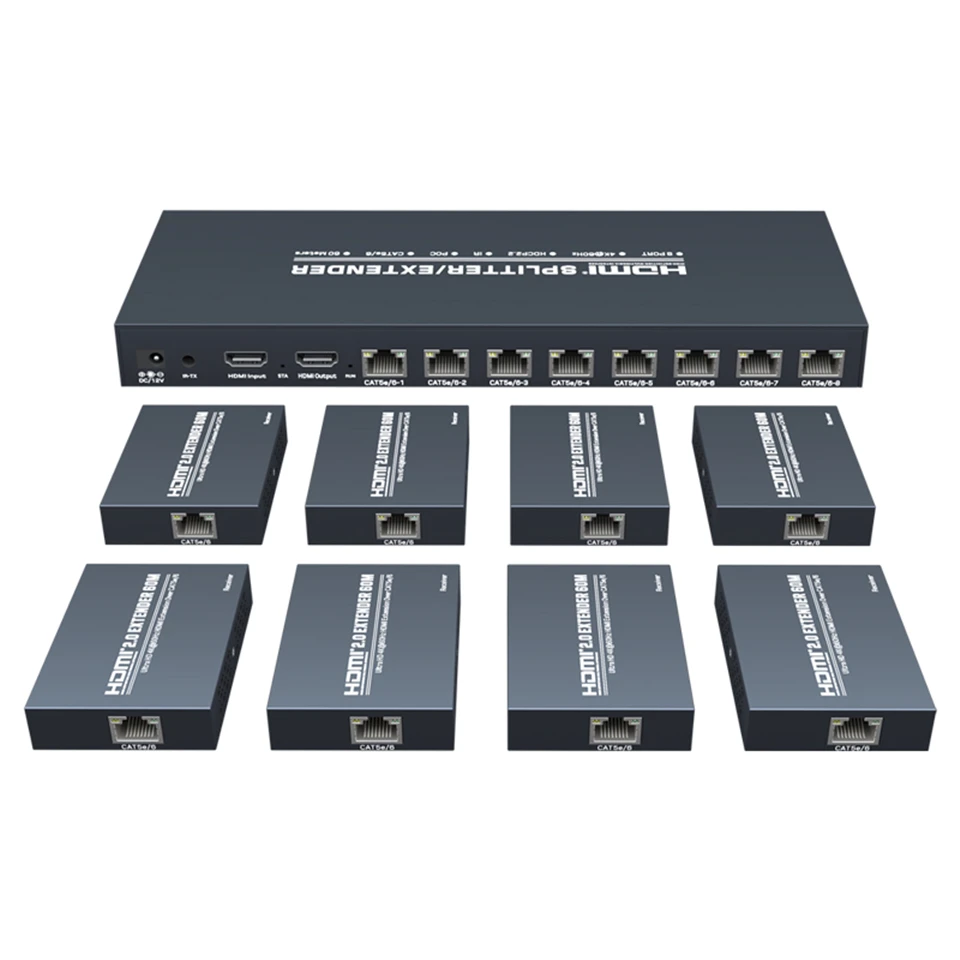 Navceker 4K 60Hz HDMI Extender Splitter 1x8 3D HDMI RJ45 Extender 60m Ethernet Transmission Over CAT5e/6/7 4 Channel 1 Loop Out