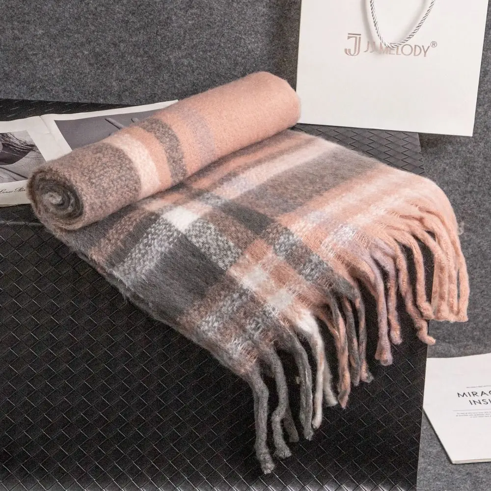 Simple Tassel Plaid Wool Scarf Plush Cashmere Shawl Winter Cashmere Scarves Solid Color Wool Scarves Cape Wraps Girl