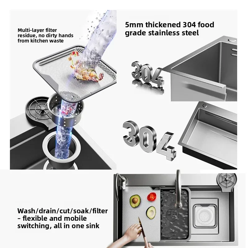 Kitchen Sink Large Single Sink Double Filter 5mm Panel 304 Stainless Steel Thickened Vegetable Basin Dish Sink