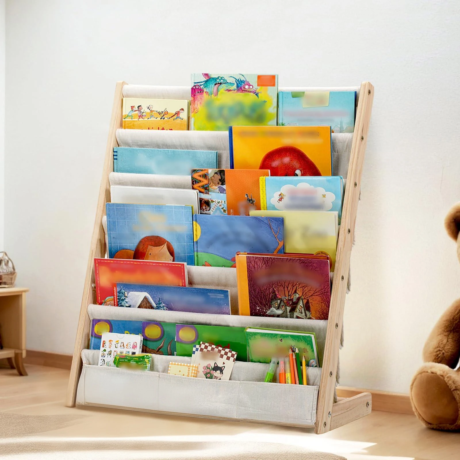 Hölzernes Kinderbücherregal, 7-stöckiges Bücherregal mit Stoffbezug, Geeignet für Kinderzimmer und Kinderkrippe
