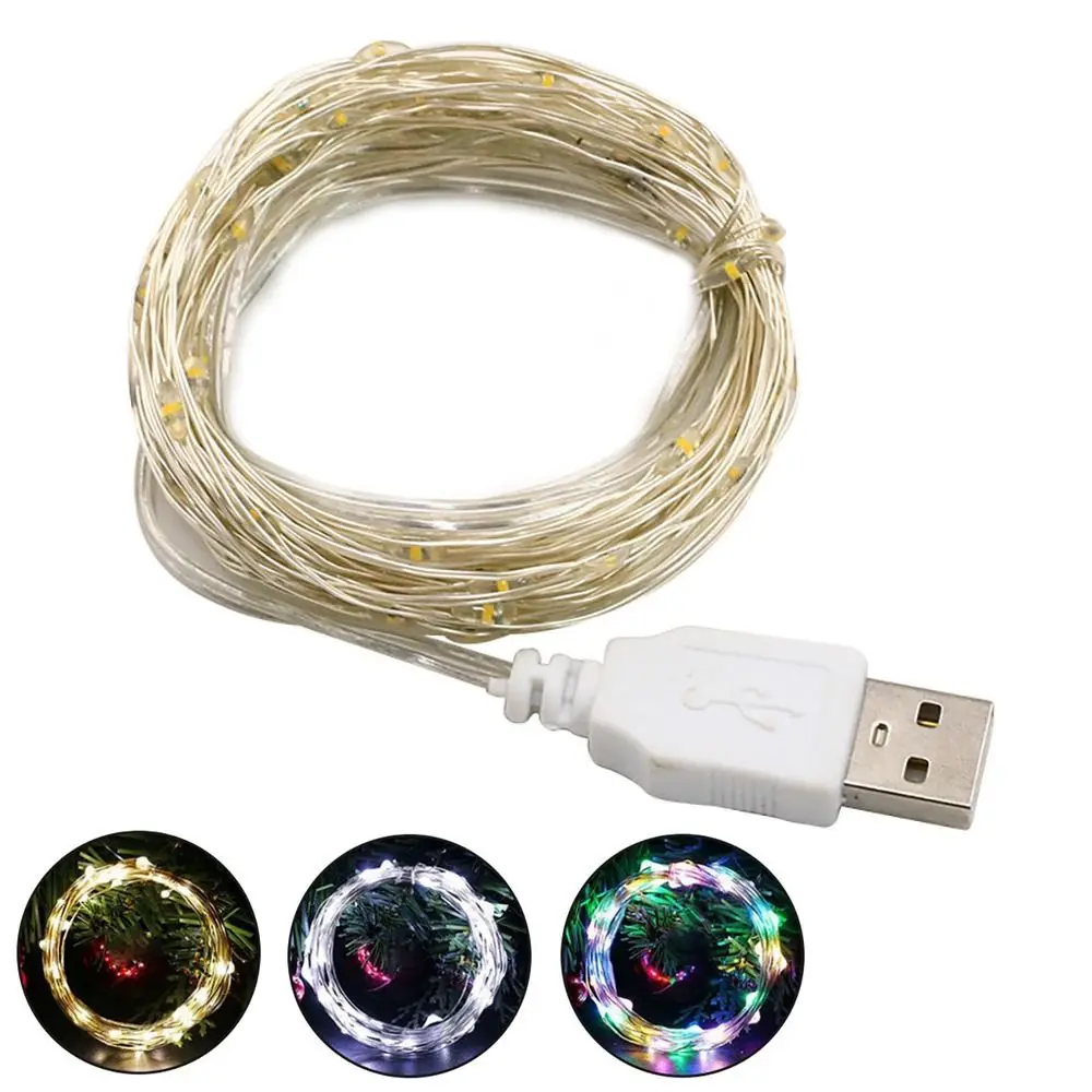 USB LED String Light Cobre Prata Fio Branco Colorido Luz de Fada 1/2/3/5/10M 5V Garland Light