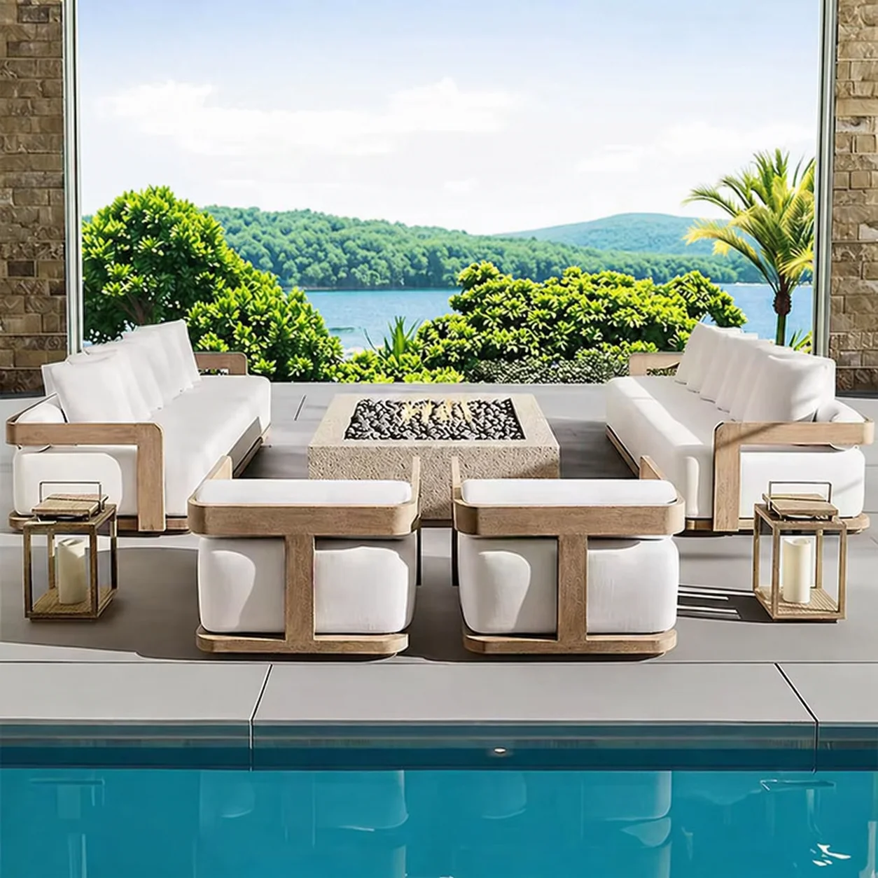 Elegant Luxury Modern Modular Teak Outdoor Sofa Set Durable Wooden Patio Lounge Furniture For Villa Hotel Garden Outdoor Leisure image 2