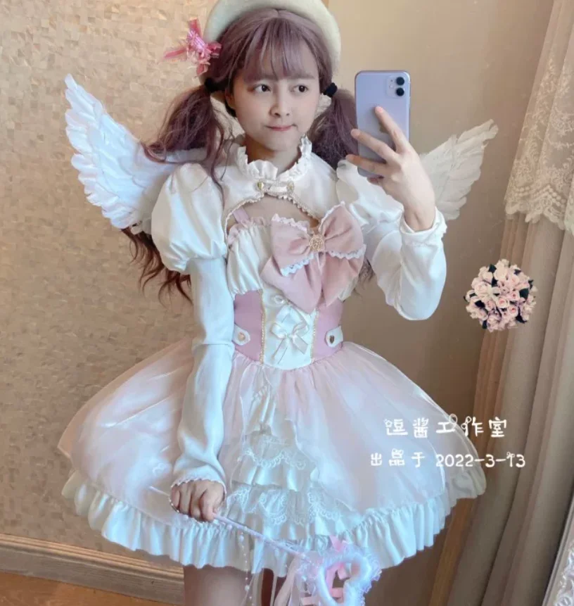 Elegant Lolita Pink Ruffles Elegant Slash Neck Trailing Big Bow Dress Fashion Versatile Age Reducing Princess Suspender Dresses