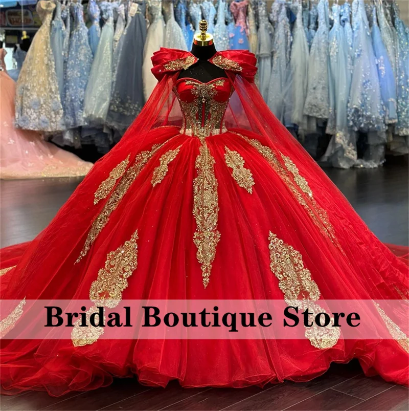 

Princess Red Ball Gown Quinceanera Dresses 2025 With Cape Sequins Appliques Beads Sweet 16 Dress Vestidos De 15 Anos Customized