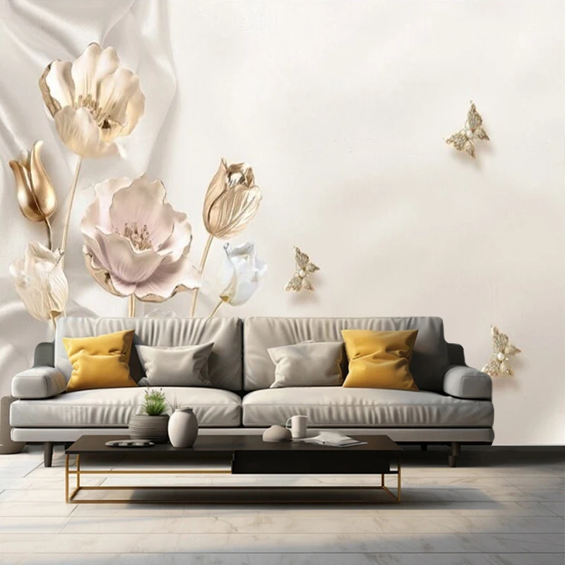 3D Minimalist And Elegant Three-Dimensional Flower Branch Butterfly Rural Style Silhouette Custom-Made Luxurious Home Background