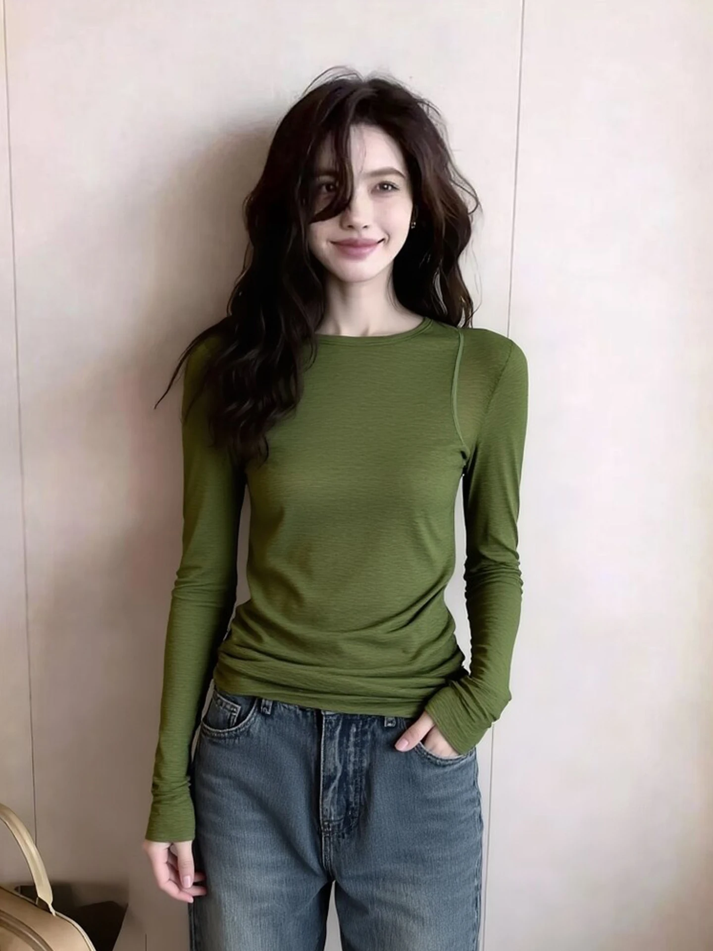 

Chic Korean Style Long Sleeve T-Shirt Women's Comfortable Soft Base Shirt Spring Slimming Elegant Overhead Top Silk Material