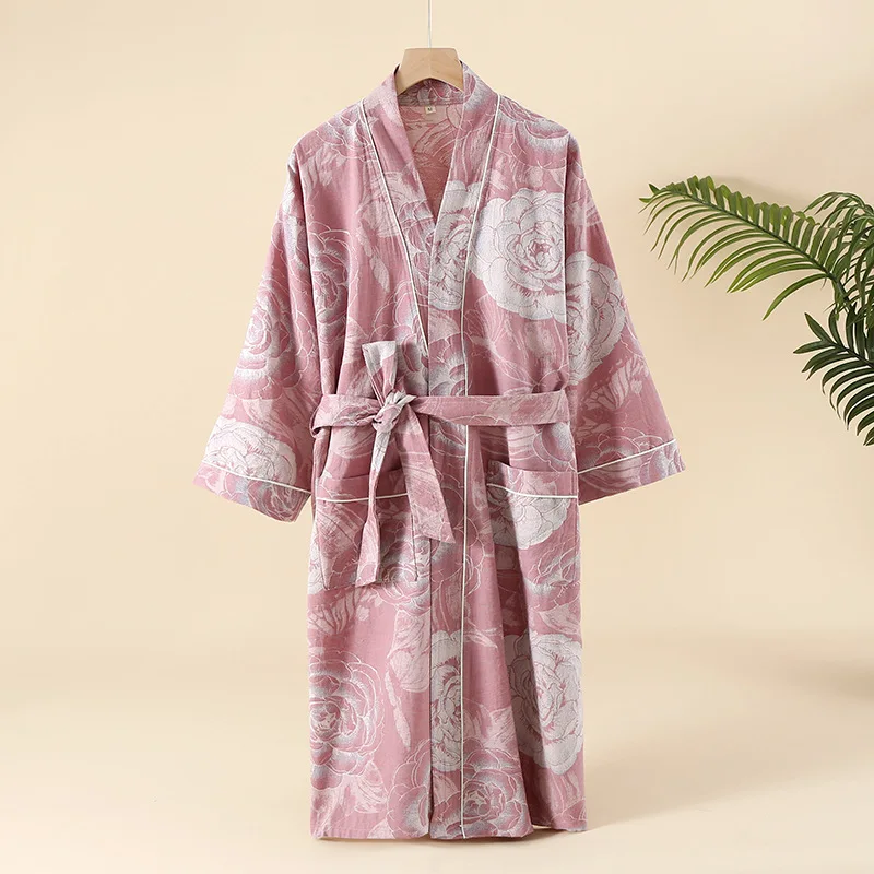 Pure Cotton Double-layer Yarn Bathrobes Color-woven Jacquard Home Nightgown Spring Autumn Thin Kimono Robes Long Sleeve Pajamas