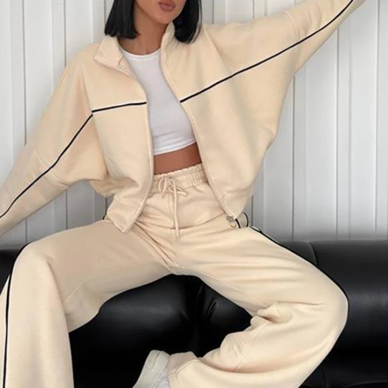 

2025 New Casual Suit, Long-sleeved Semi-high Collar Cardigan Sweatshirt, Drawstring Striped Long Pants