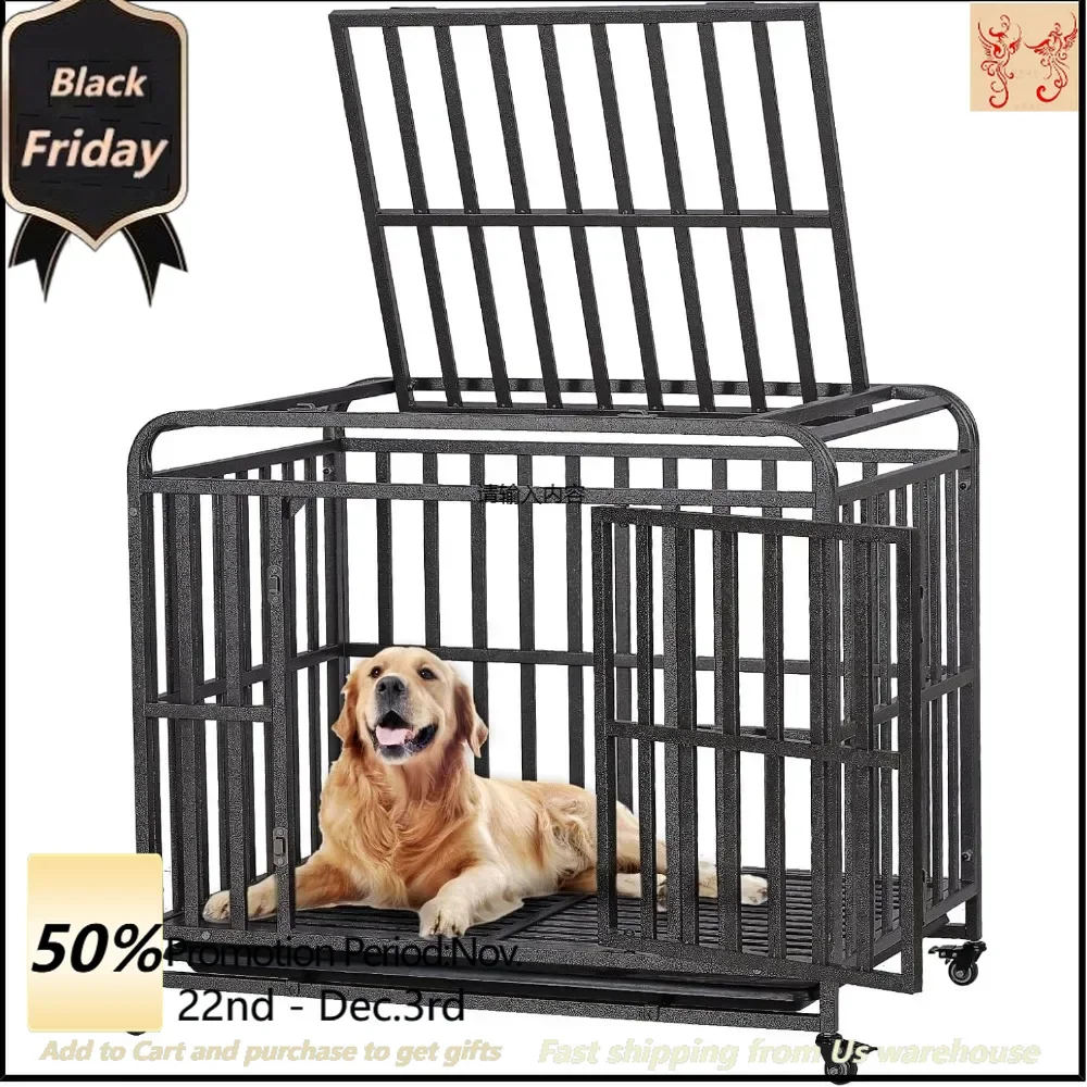 Heavy duty dog cage steel dog cage, escape proof double door kennel with 360° lockable wheels, dome design, removable tray