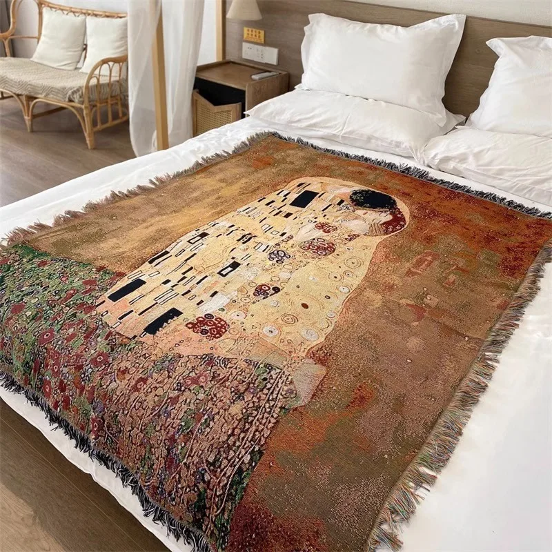 Klimt kiss retro wind decorative blanket single sofa towel art oil painting wind hanging cloth blanket cover cloth towel 130x160