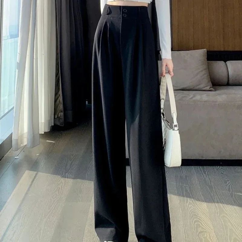 Deeptown Baggy Casual Woman Suits Pants Korean Fashion Office Ladies Wide Gray Trousers High Waist Summer Black Straight Slacks