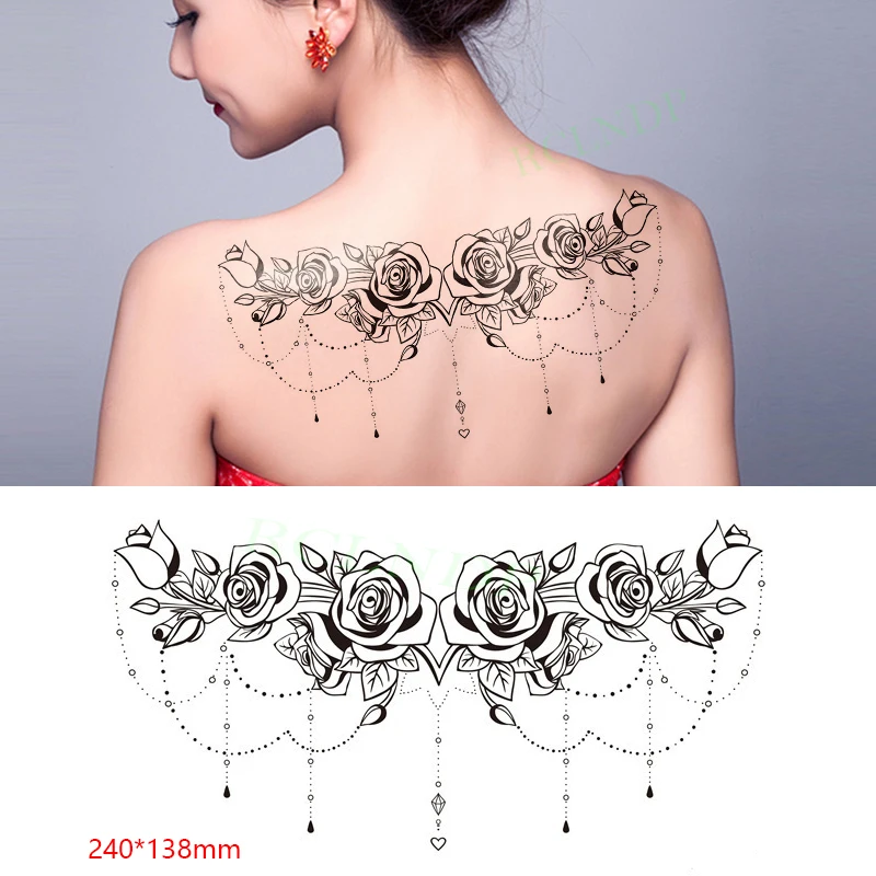 Waterproof Temporary Tattoo Sticker Flower Rose Necklace Element on Back Tatto Breast Flash Tatoo Fake Tattoos for Women