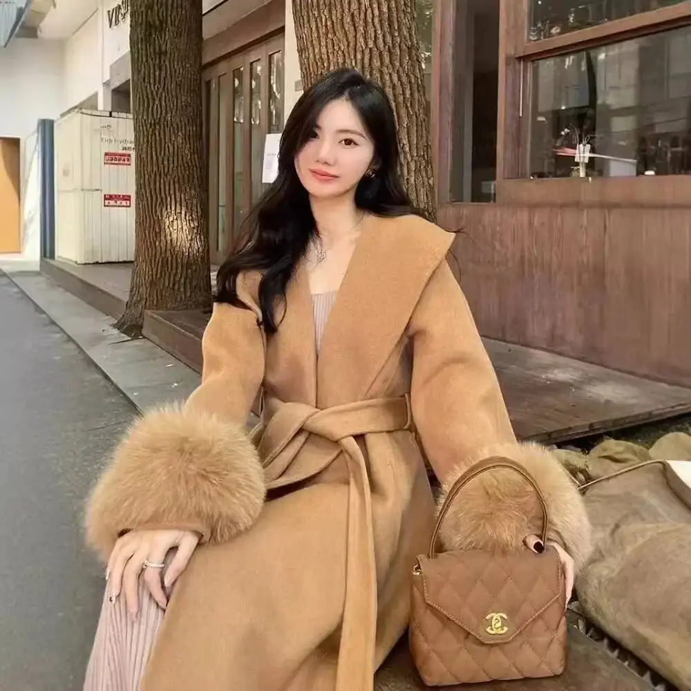 حقيقي كبير التلبيب طويل الثعلب الفراء الصوف المرأة سترة صوفية 2025 شتاء جديد على الوجهين معطف من قماش الكشمير الإناث #3