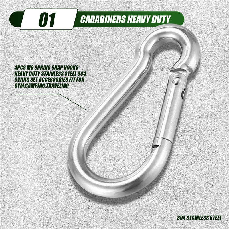 A01M-4Pcs M6 Spring Snap Hooks Heavy Duty Stainless Steel 304 Swing Set Accessories Fit For Gym,Camping,Traveling