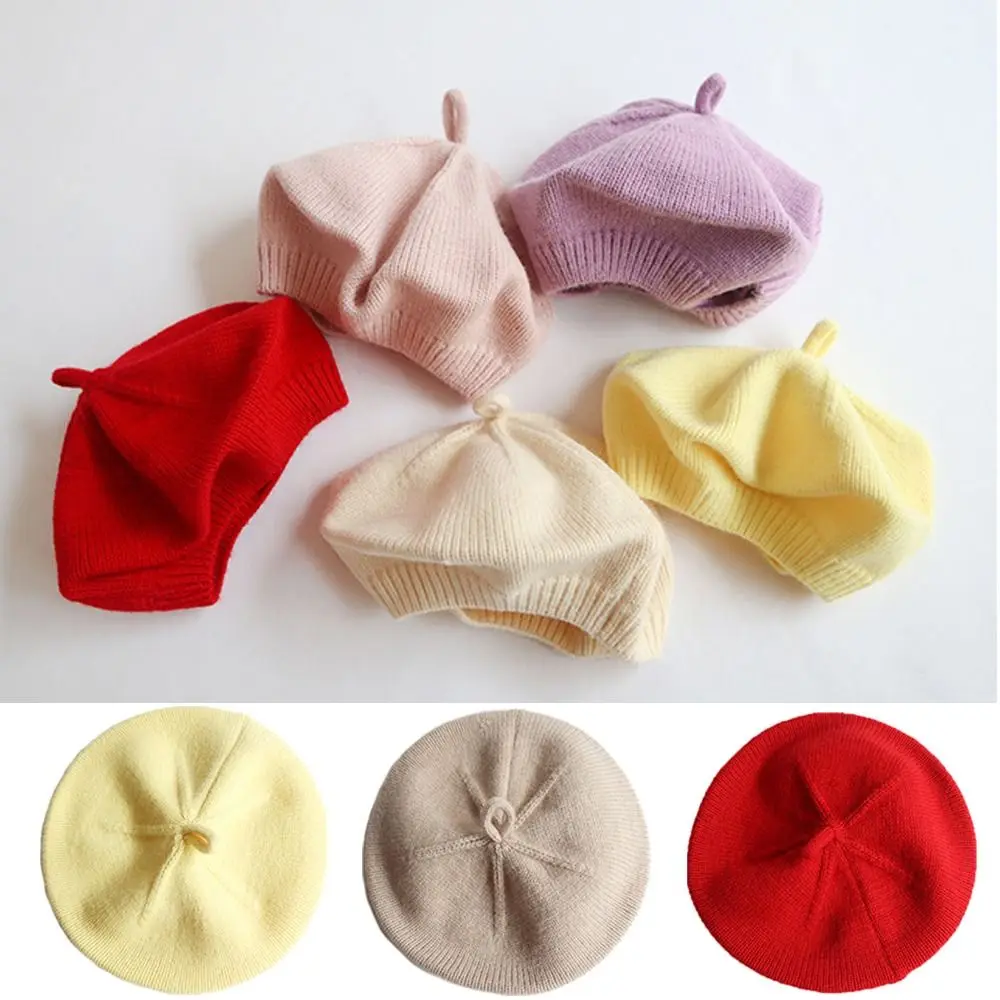 Vintage Knitted Kids Berets Multicolour Artist Painter Bonnet Children Warm Beret Solid Princess Cap Autumn Winte