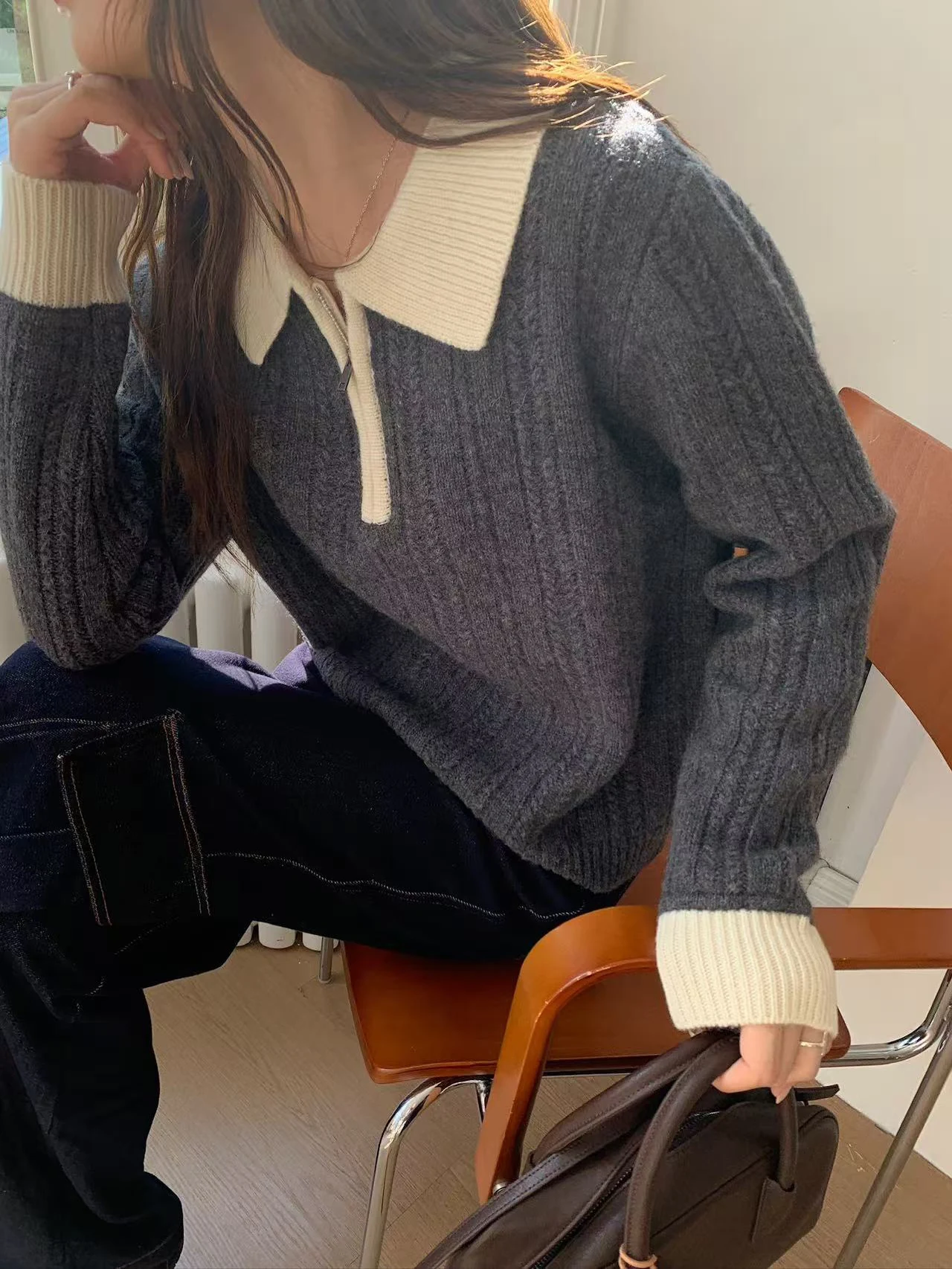 تريكو البلوزات محبوك سترة المرأة البلوفرات الحلو جديد كم طويل رفض طوق متماسكة سترة البلوز المرأة بلايز Q2048