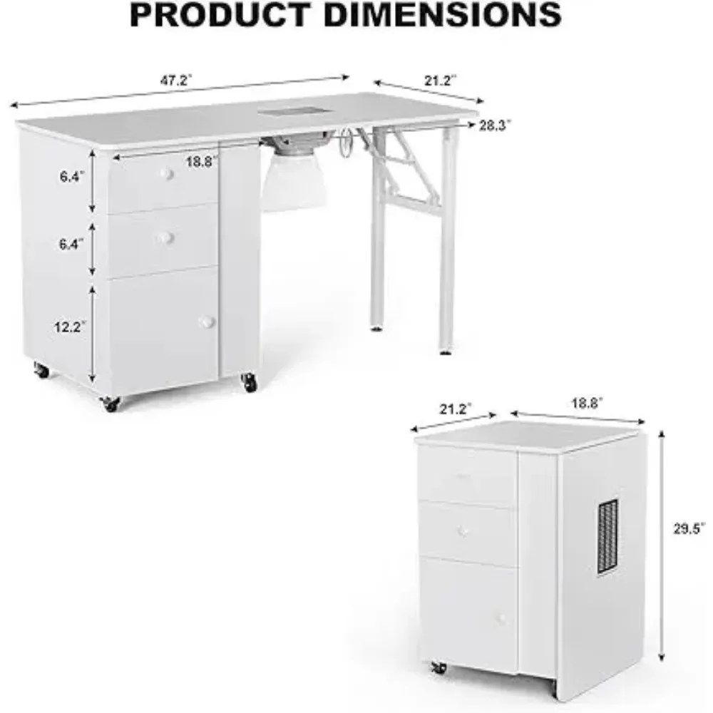 Foldable Manicure Table Nail Desk, Foldable Rolling Nail Table Station with Built-in Dust Collector, Adjustable Length