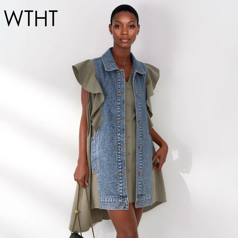 WTHT New Trendy Women's Patchwork Ruffled Edge Loose Denim Vest 2026 Summer Lapel Sleeveless Waistcoat Female 1LS3034