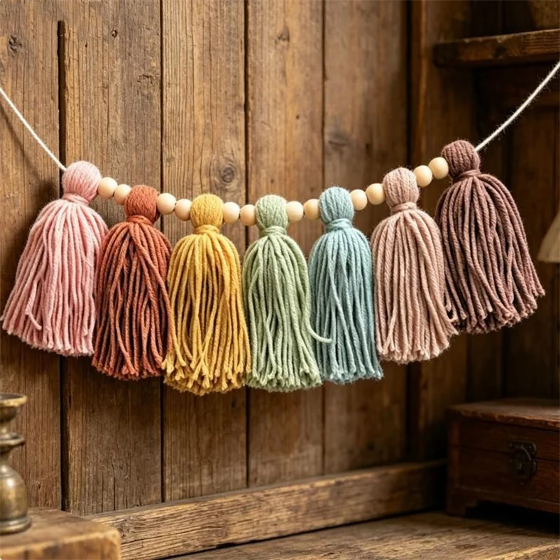 Bohemian Colorful Tassels and Wooden Beads Handmade Party Decorations Fireplace Mantel Room Decor Tassel Hangings Suitable for Holiday Decorations Tassel Strings Home Decor Hanging Tassel Strings