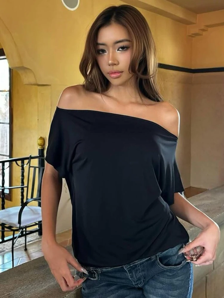 Casual Loose Slash Neck Short Sleeve Hollow Out T-shirts White Black Women Off Shoulder Backless Lace-up T-shirt Tops Streetwear