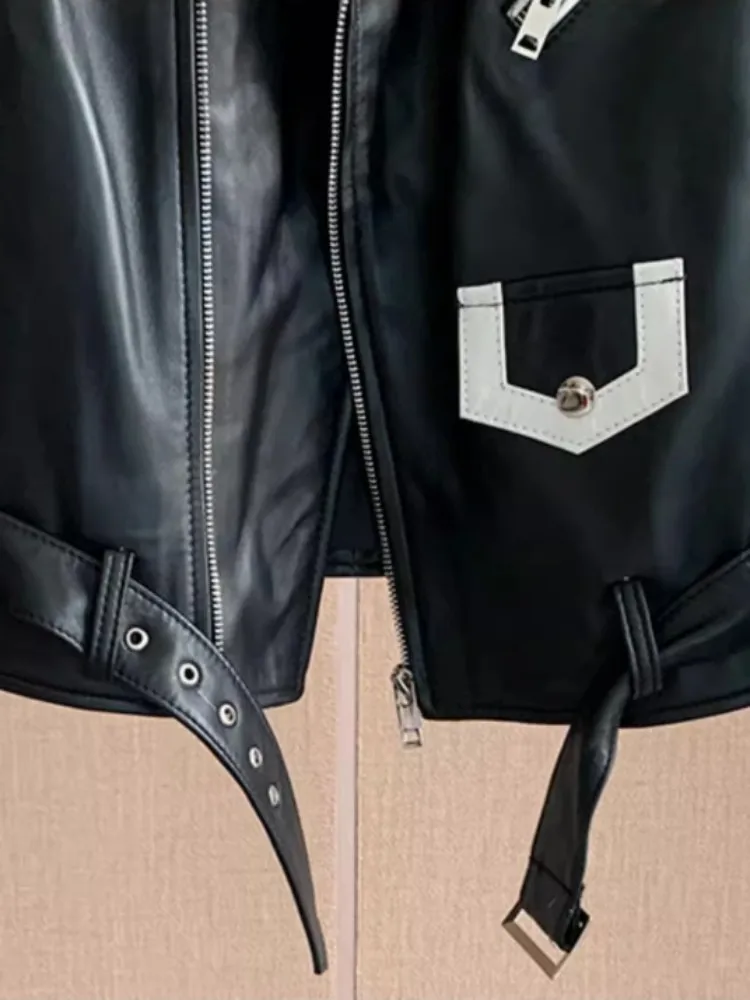 Giacca da motociclista corta da donna in vera pelle Streetwear Cappotto sottile in pelle di pecora Elegante capispalla da donna a maniche lunghe con cerniera da ufficio M-3XL