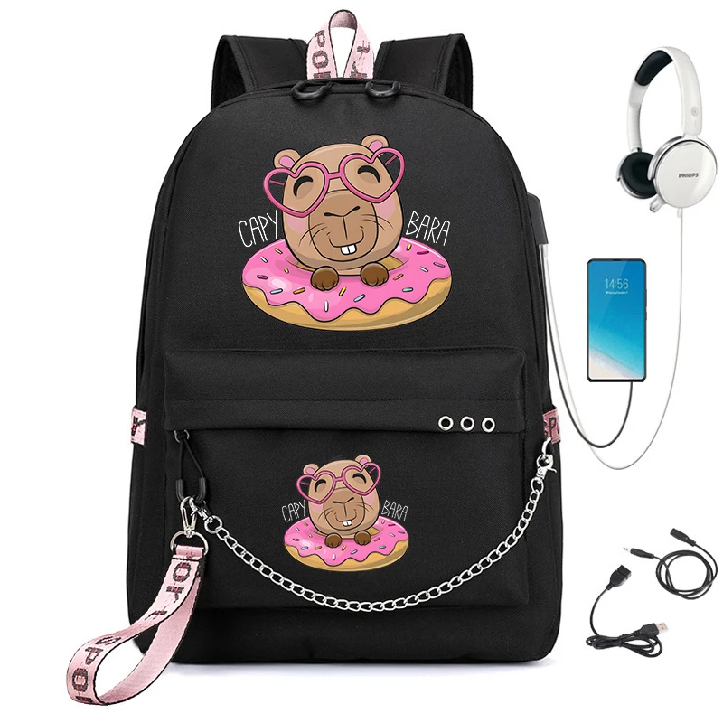 Capybara Anime Mochila para Crianças, Mochila Adolescente, Bagpack de Carregamento USB, Bookbag de Viagem dos Desenhos Animados para Meninas, Cute School Bag para Meninas