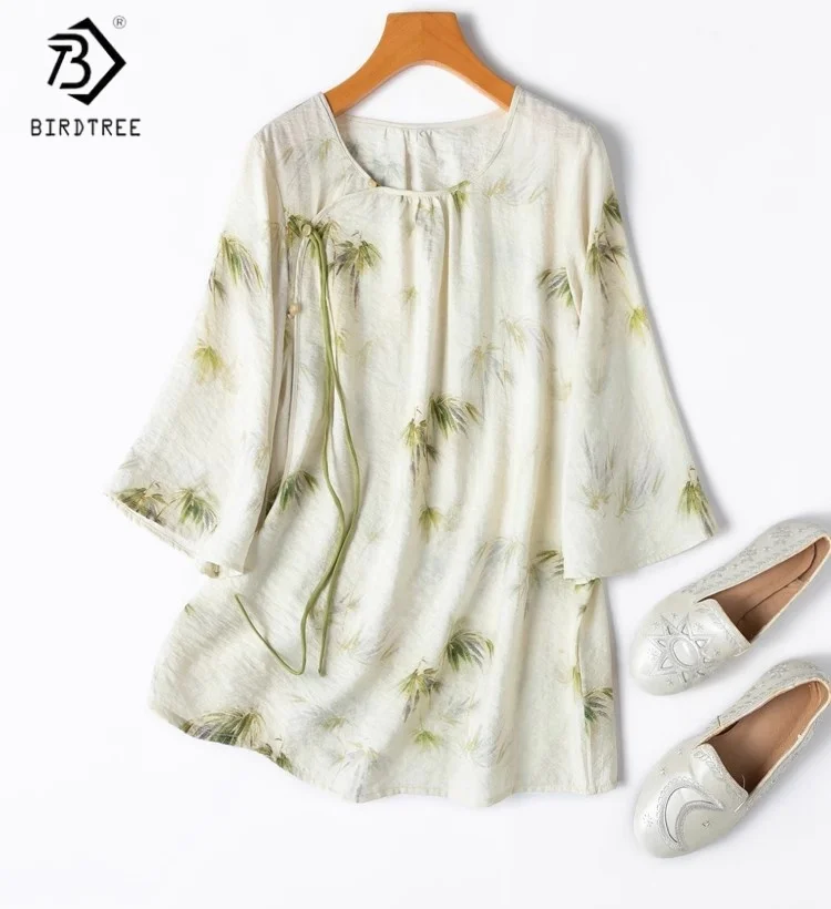 

Летняя футболка Birdtree из 76% шелка и нейлона 24%, женская прямая рубашка из сухого шелка с короткими рукавами и принтом, новинка 2025 года T56308JF