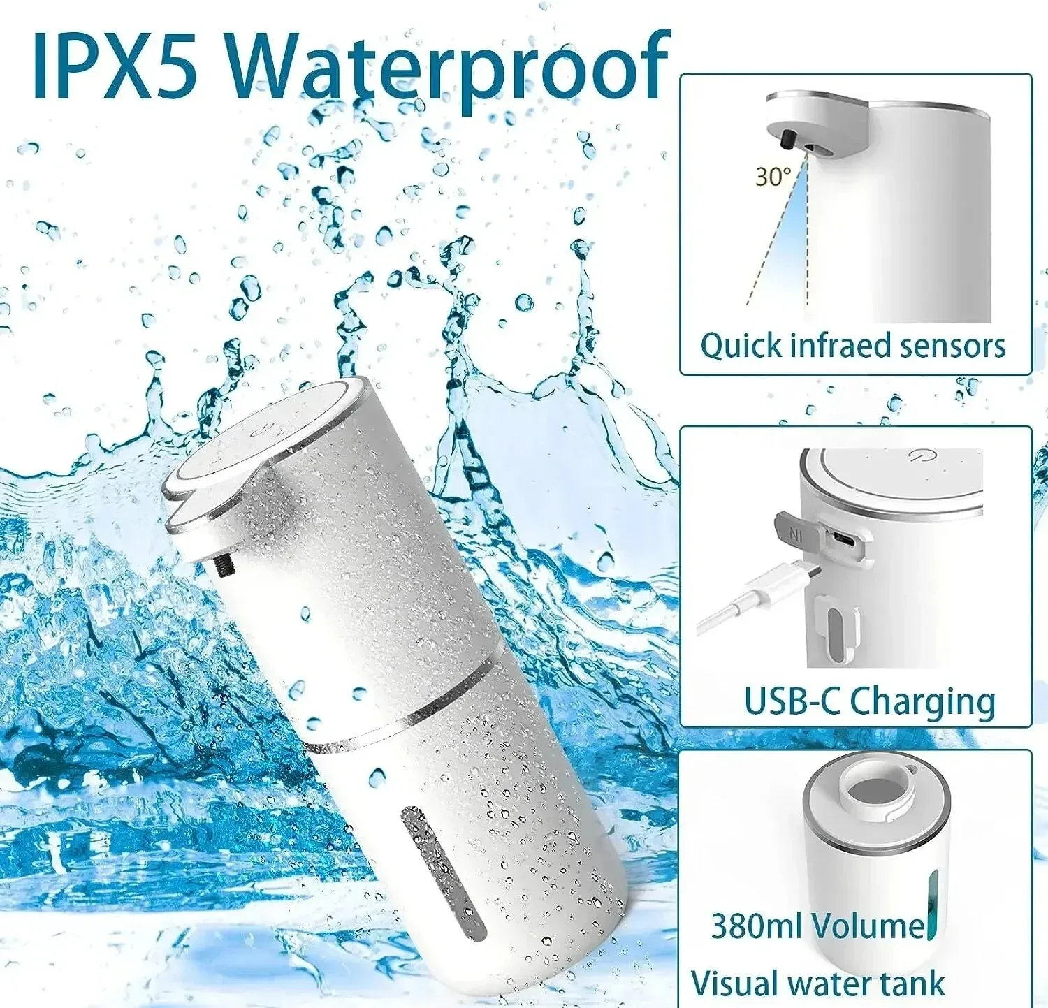 

Touchless Automatic Foam Soap Dispenser 380ml USB Rechargeable 4 Adjustable Levels Smart Bathroom Kitchen Sensor Hygienic Home