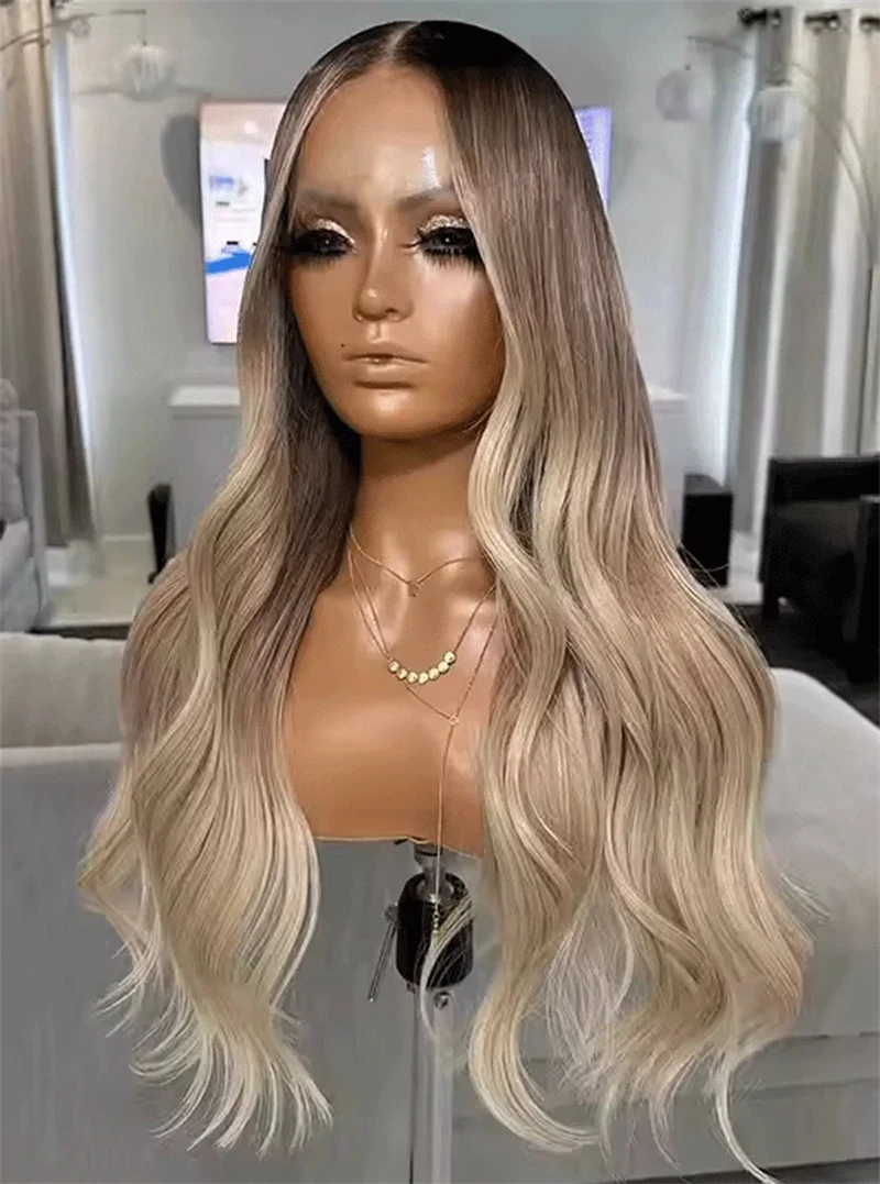 Two Tone Blonde Lace Front Wig Long Wavy with Ash Blonde Premium Heat Resistant Fibre Synthetic Wig for Women Daily Party Use