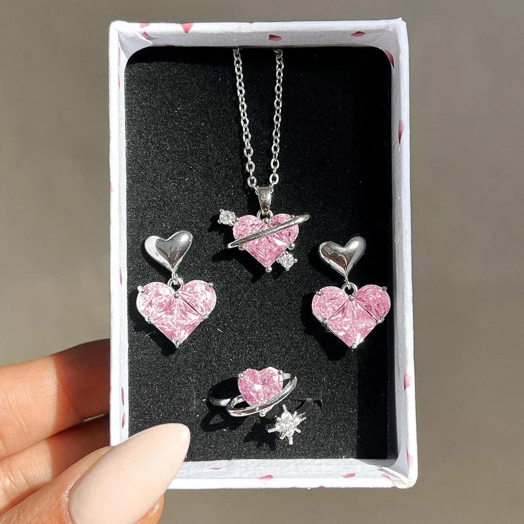 4 Pieces Love Pink Diamond Sweet Earrings Necklaces And Rings Jewelry Set Lightweight And Versatile For Women Mother's Day Gifts