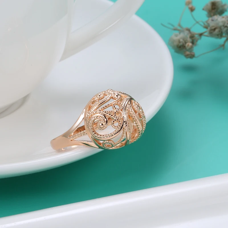 Kinel Hot Trendy 585 Rose Gold Color Rings for Women Hollow Pattern Romantic Ethnic Bride Rings Unusual Wedding Daily Jewelry