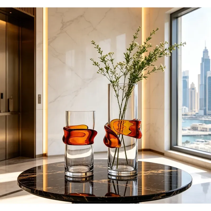Modern Hand Blown Amber Glass Vase Italian Style Art Decor for Home Living Room Hotel Lobby Centerpiece Elegant Flowing