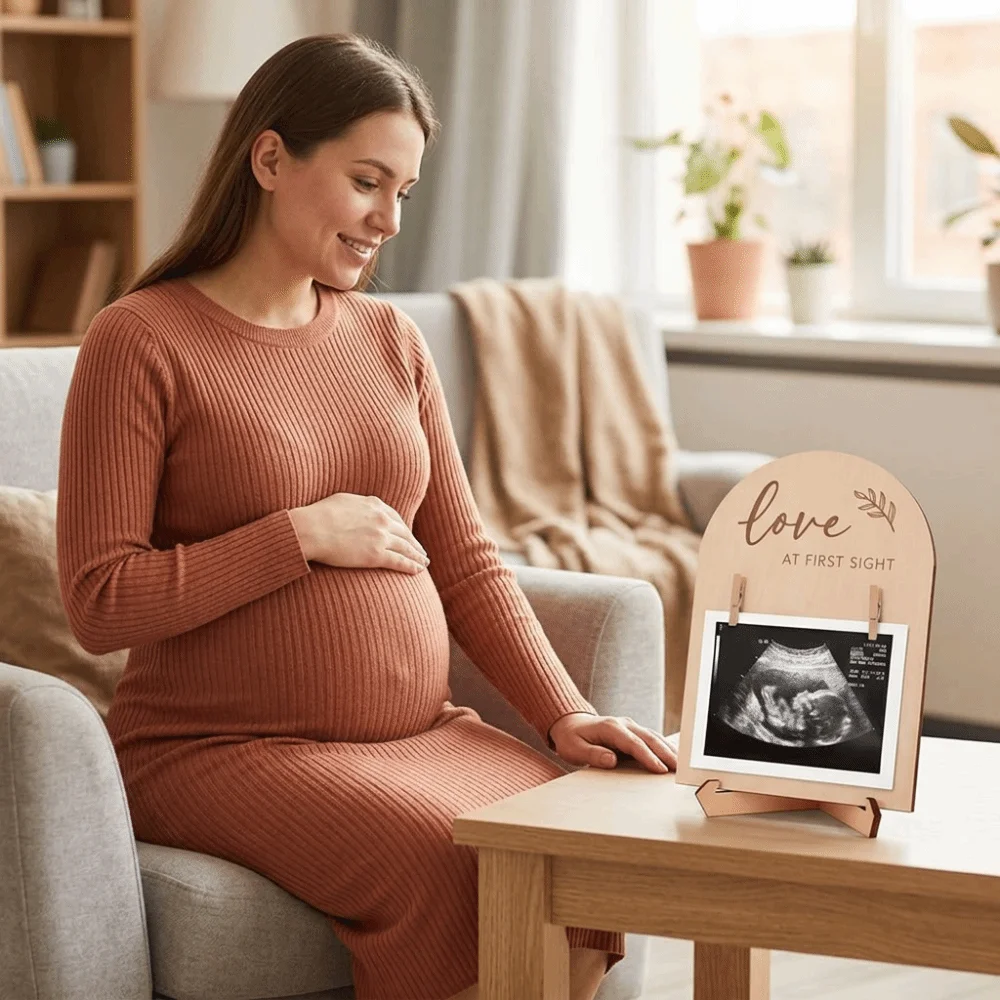 Wooden Stands Baby Ultrasound Frame Rustic Stable Sonogram Picture Frame Maternity Gift with Clip Ultrasound Photo Frame