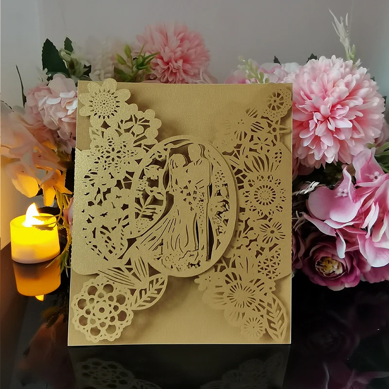 

10pcs Wedding Invitations Card Bride & Groom Flowers Invitation Pocket Greeting Cards Mariage Anniversary Party Supplies Favors