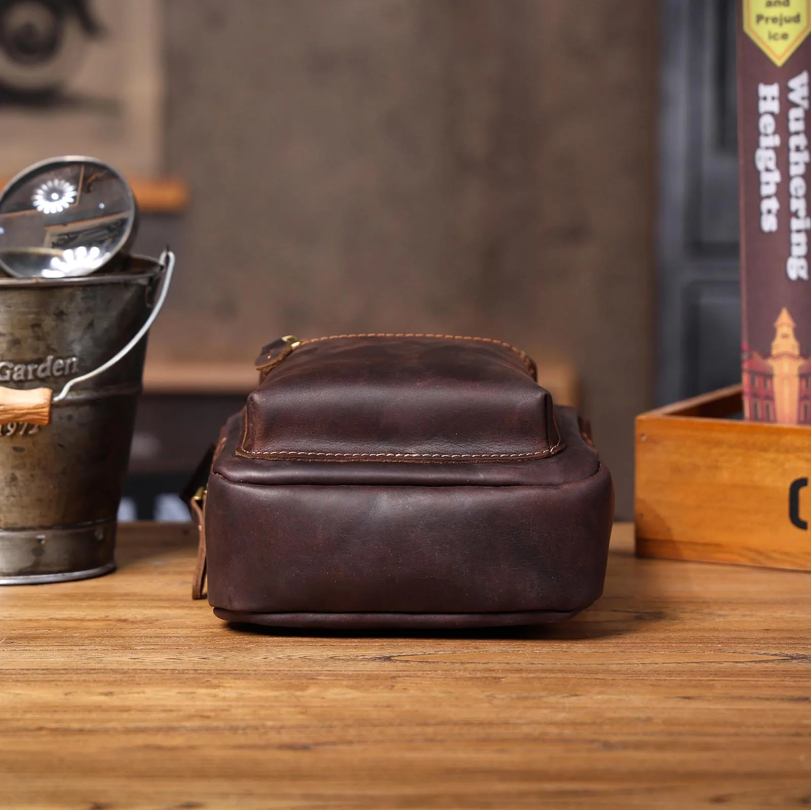 Echte Leder Herren-Freizeit-Umhängetasche, Mini-Handytasche, Crossbody-Tasche, Modische Rindsleder-Brusttasche aus Crazy Horse Leder – Detail 19