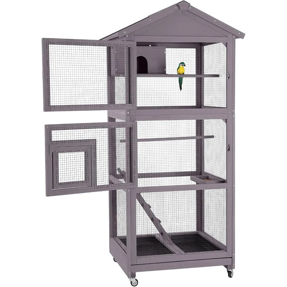 

Bird Cage Outdoor Wooden Aviary Indoor, 70" H Large Parrot Cage with 4 Casters, Flight Bird Cages for Parrot Lovebirds Finches(