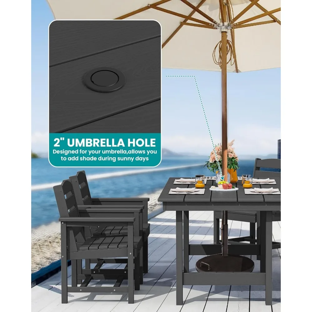 Outdoor HDPE restaurant furniture set with umbrella hole hollow table and 6 chairs, featuring durability and reliability