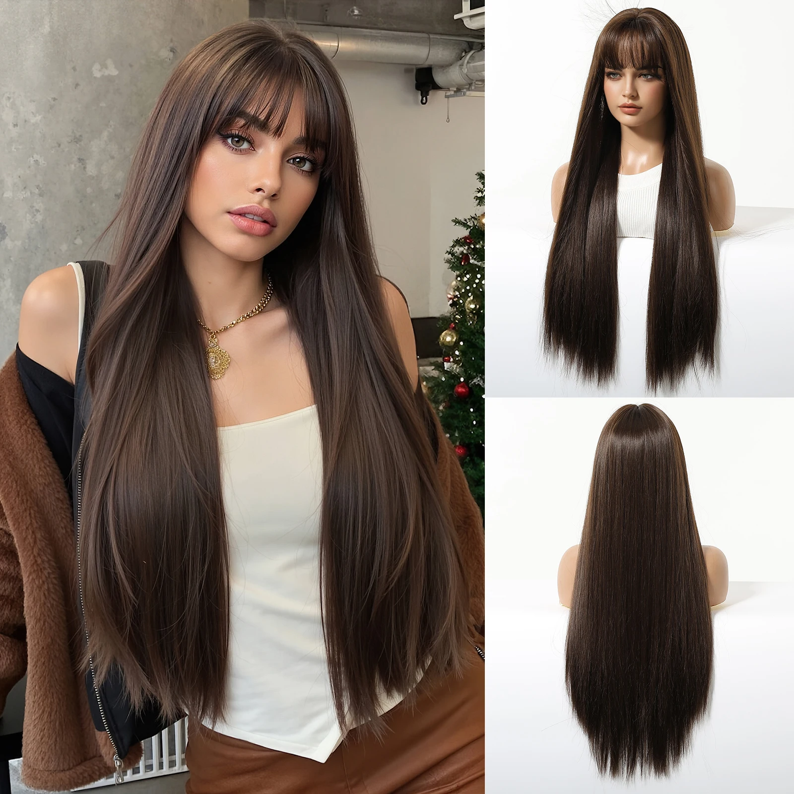 

Allbell Magique Длинные прямые синтетические парики с челкой для женщин Темно-коричневый глянцевый натуральный завиток Ступень Косплей Вечеринка Мода