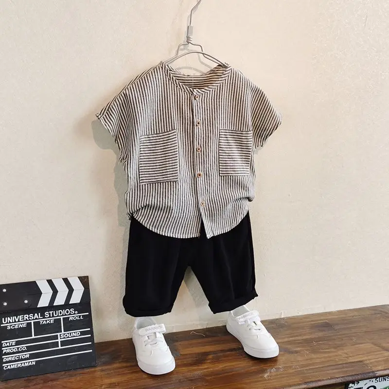 

2023 Summer New Children Short Sleeve T Shirts + Shorts 2pcs Suit Baby Cute Striped Clothes Set Cotton Linen Boys Outfits L66